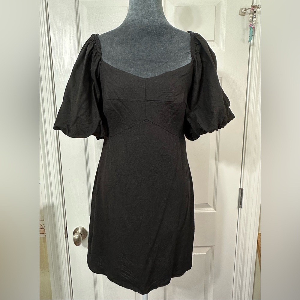 Chic Linen & Viscose Blend Black Puff Sleeve Little Black Dress